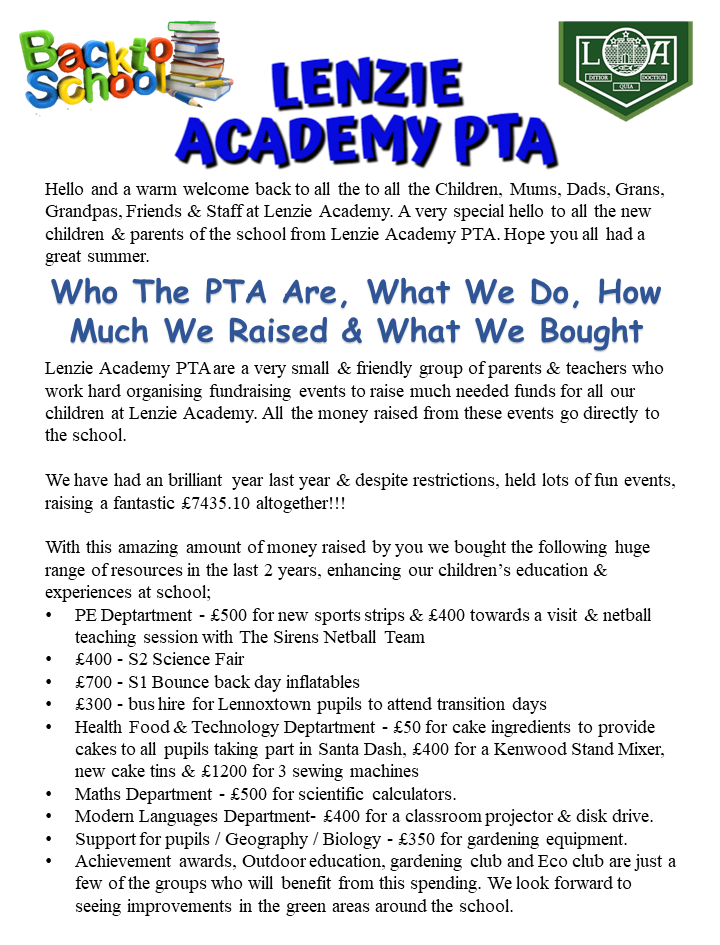 Welcome Back from Lenzie Academy PTA who we are and what we do